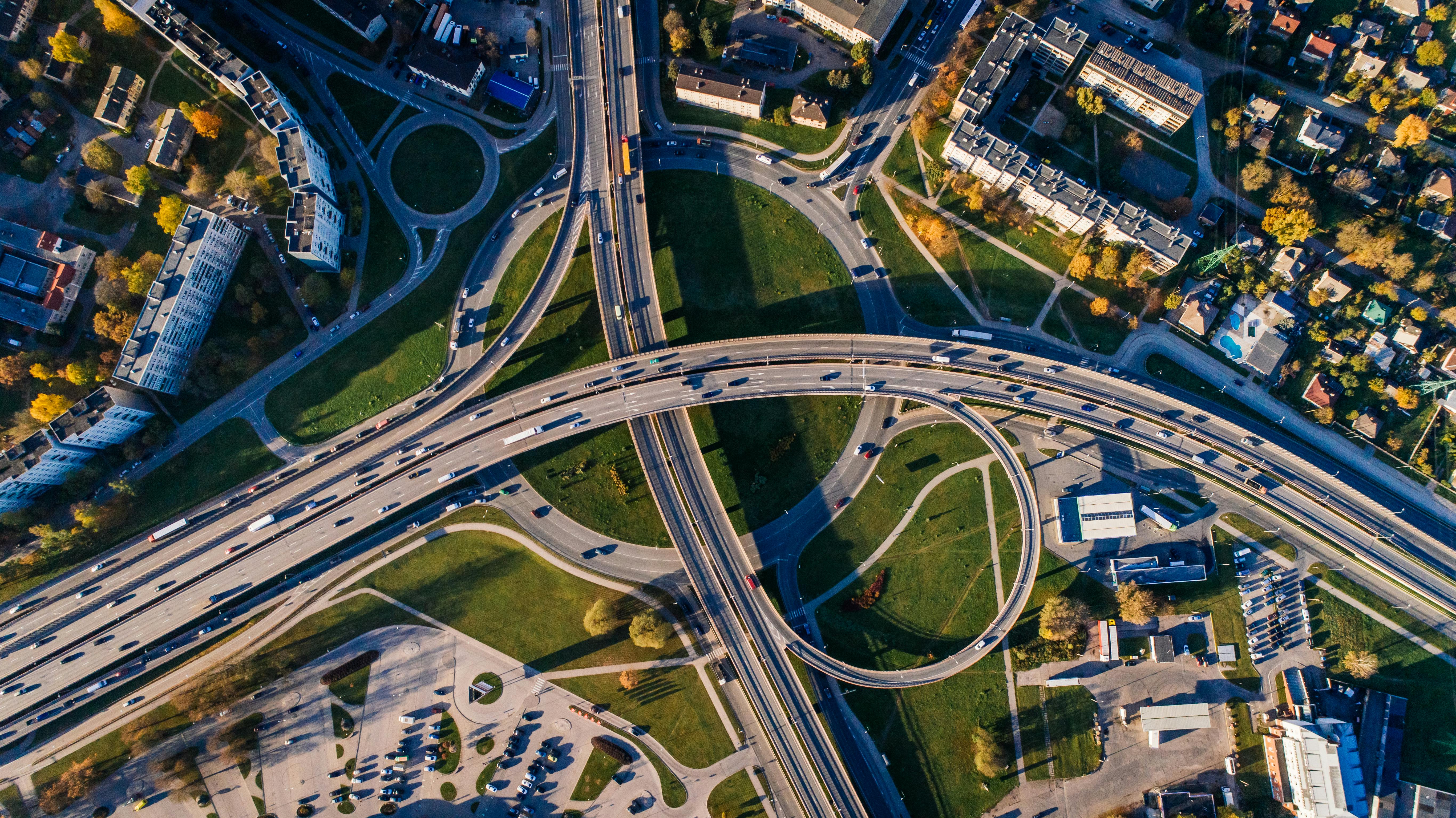 Aerial drone view of a highway interchange